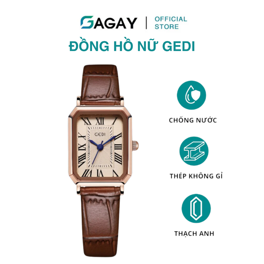 Đồng hồ nữ Gedi dây da mặt vuông thời trang vintage, đồng hồ đeo tay cường lực chống xước